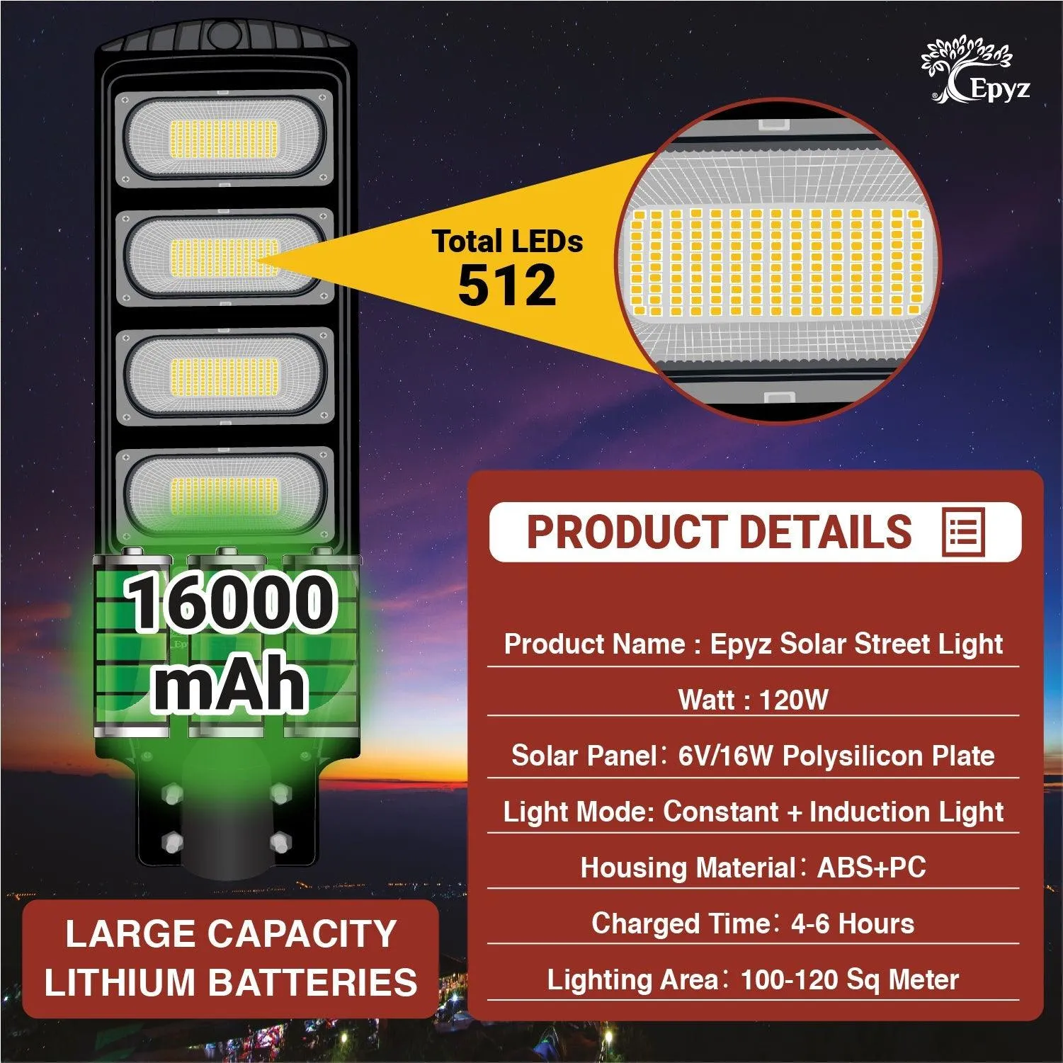 120 Watt Solar Street Lights for Garden (Warm Light)