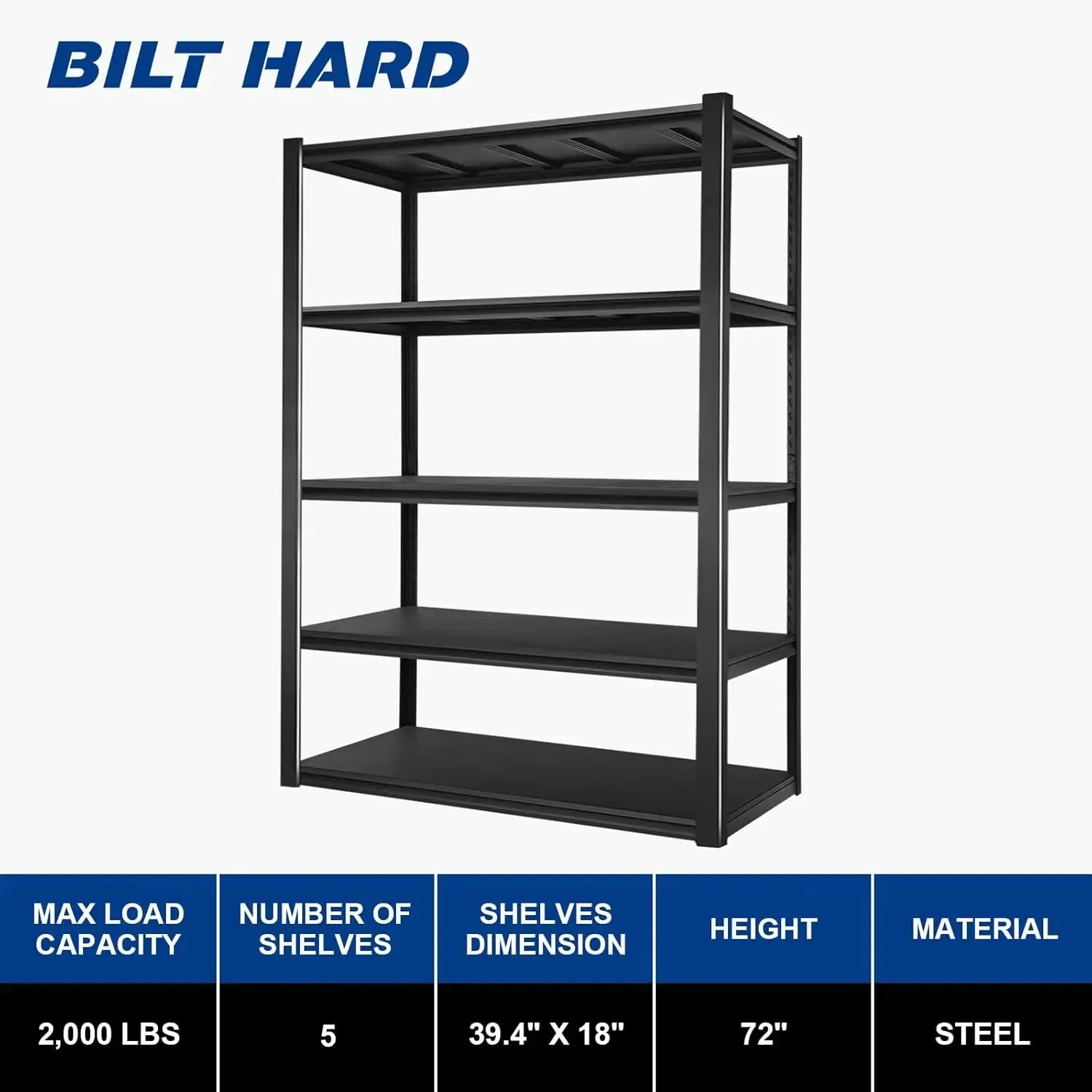 2000LBS Garage Shelving, 39.4" W x 18" D x 72" H, 5-Shelf Storage Shelves Heavy Duty, Industrial Metal Shelving Units with Adjustable Shelf, Steel Utility Shelves, Black