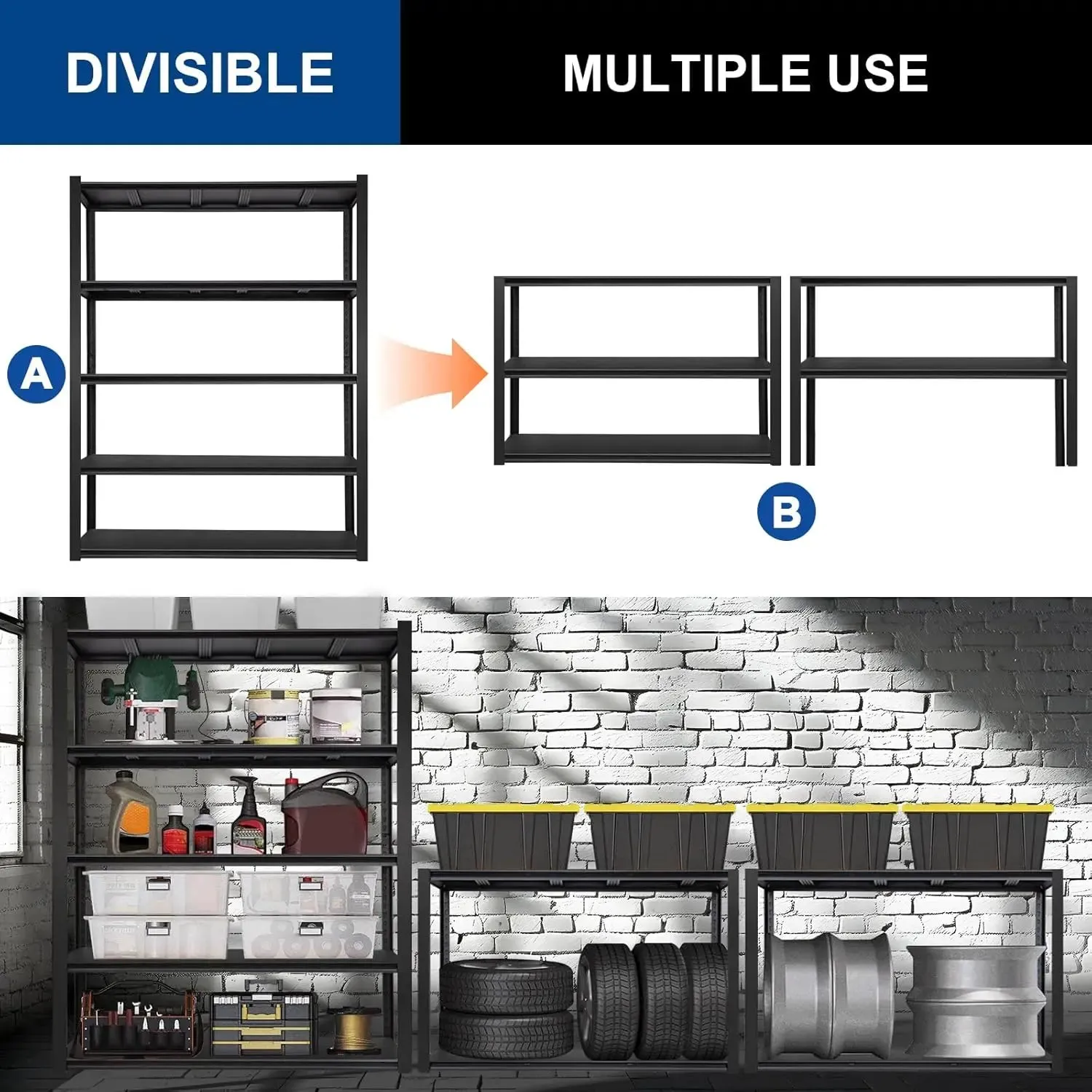 2000LBS Garage Shelving, 39.4" W x 18" D x 72" H, 5-Shelf Storage Shelves Heavy Duty, Industrial Metal Shelving Units with Adjustable Shelf, Steel Utility Shelves, Black