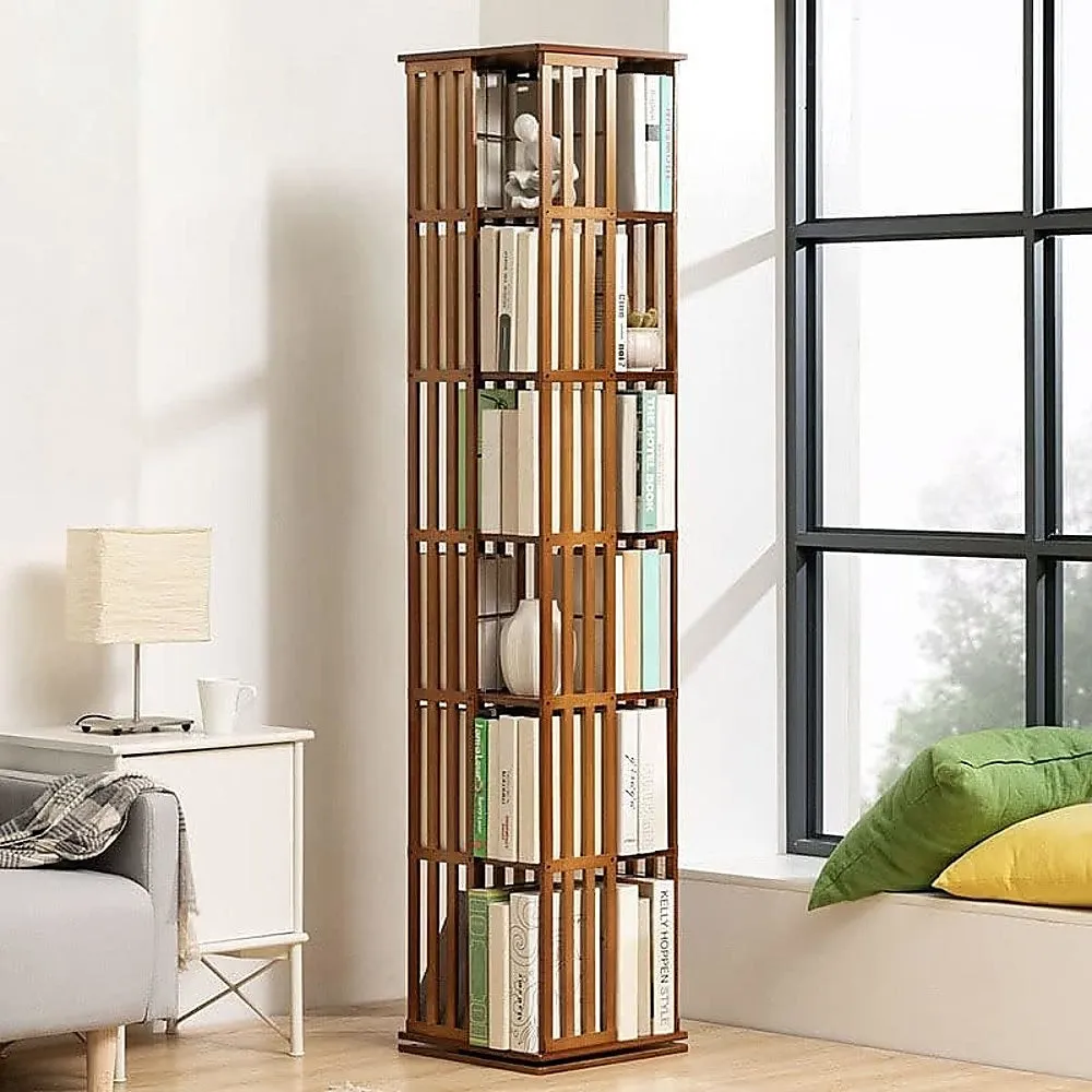 360° Rotating Bamboo 6-Shelf Bookshelf in Dark Wood