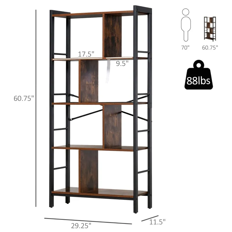 4-Tier Industrial Bookshelf - Rustic Brown