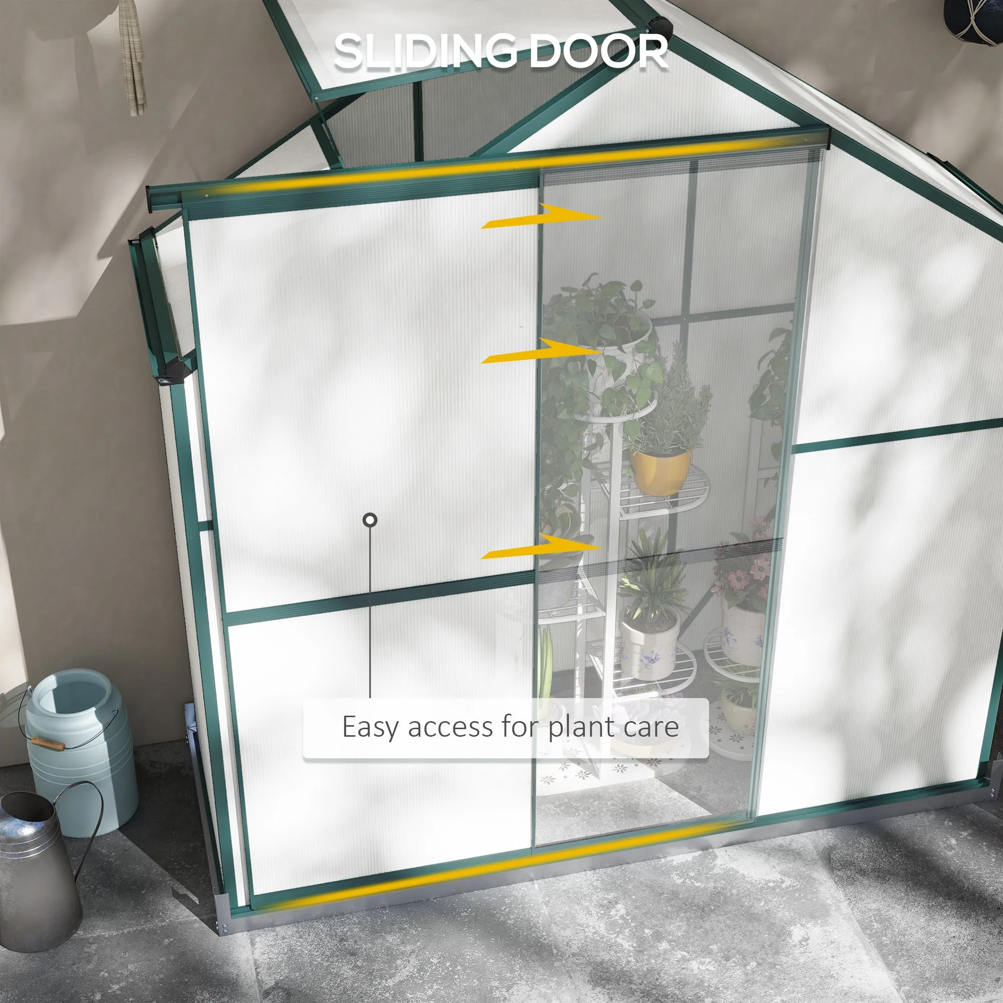 6 x 2.5ft Polycarbonate Greenhouse Walk-In Green House with Rain Gutter, Sliding Door, Window, Foundation, Green