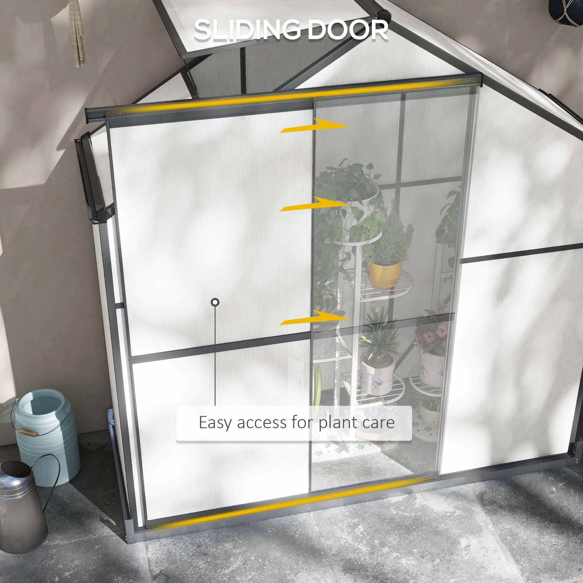 6 x 2.5ft Polycarbonate Greenhouse Walk-In Green House with Rain Gutter, Sliding Door, Window, Foundation, Grey