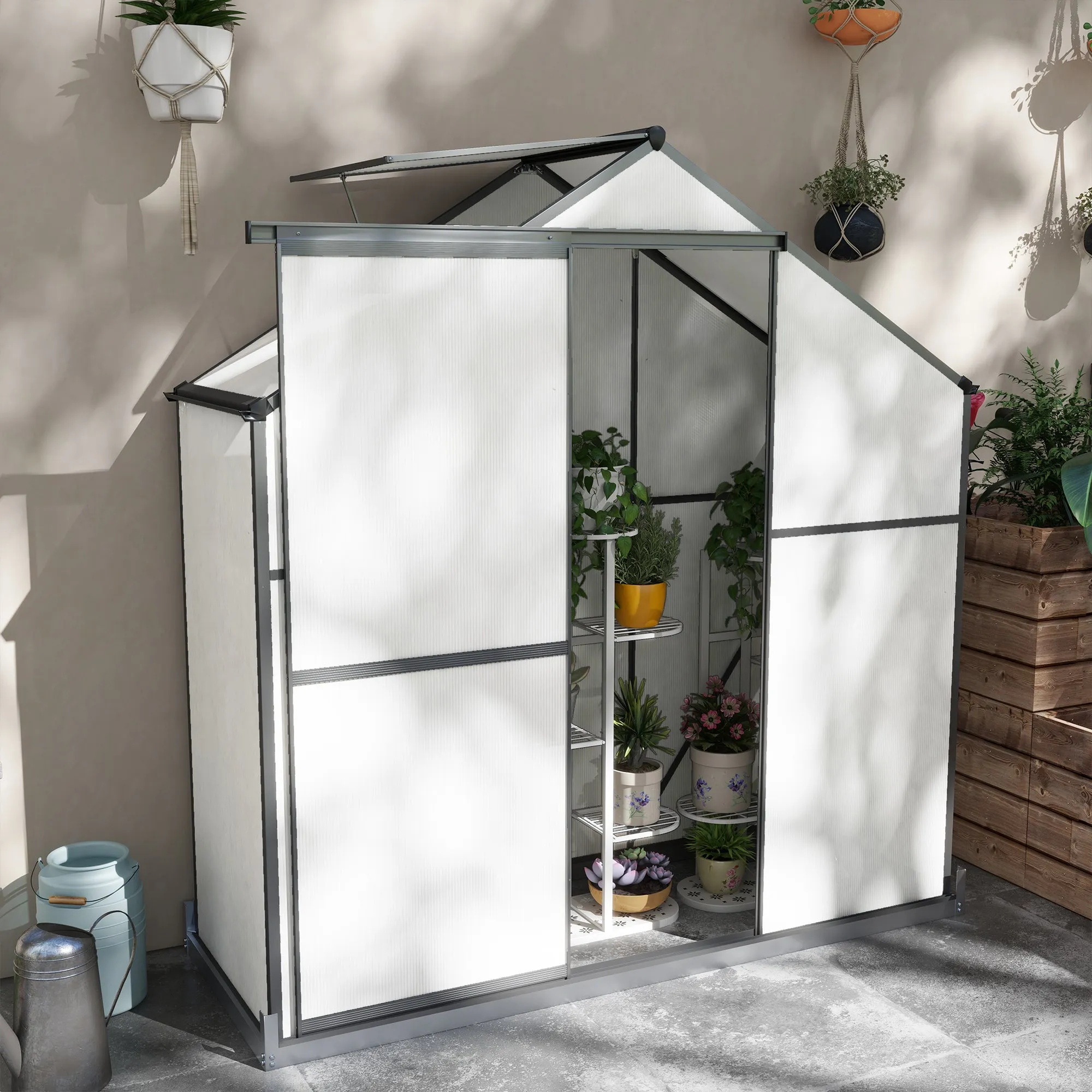 6 x 2.5ft Polycarbonate Greenhouse Walk-In Green House with Rain Gutter, Sliding Door, Window, Foundation, Grey