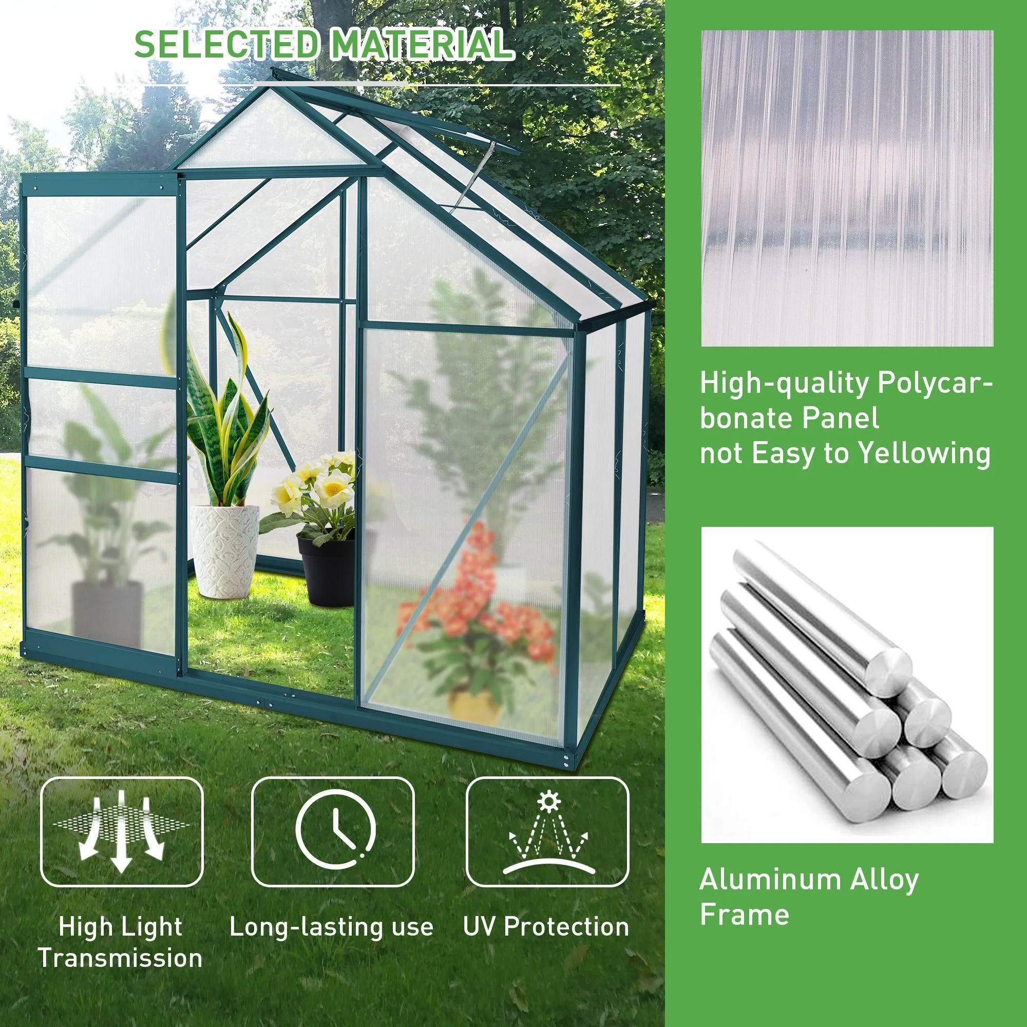 6'X 4' Walk-in Polycarbonate Greenhouse Aluminum Heavy Duty Greenhouse Kit for Backyard Use in Winter