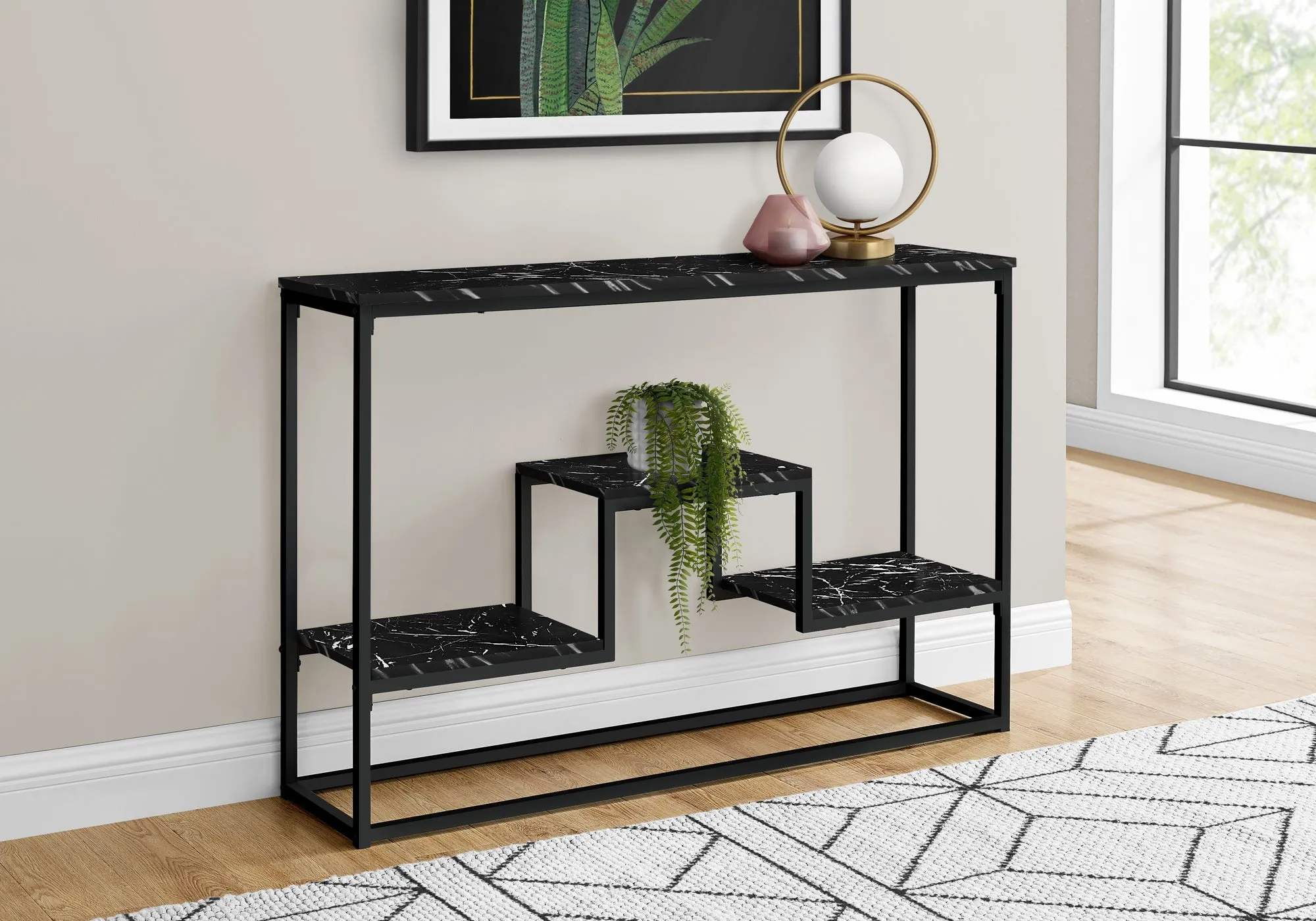 Accent Table - 48"L / Black Marble / Black Metal Console