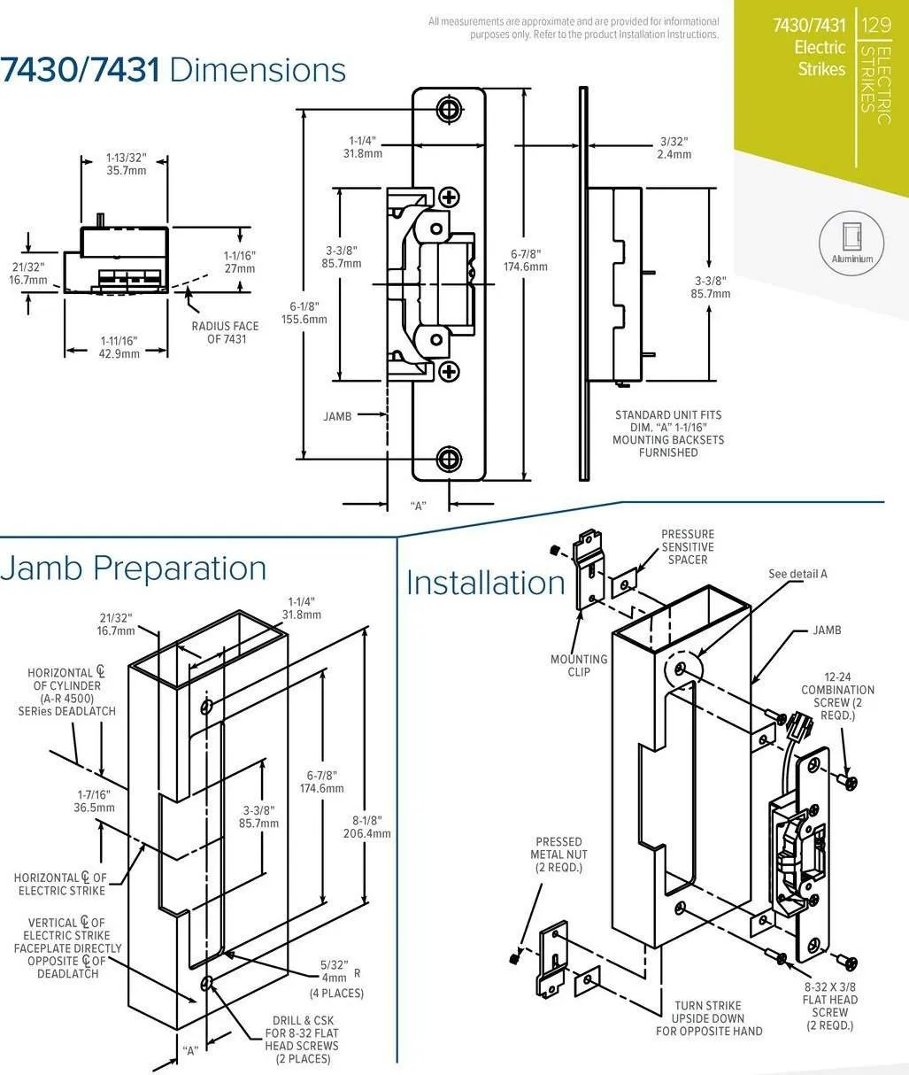 Adams Rite - 7430 - Electric Strike for Adams Rite or Deadlatches or Cylindrical Locks - 1/2" to 5/8" Latchbolt  - Dark Bronze Anodized - Fail Safe/Fail Secure - 1-1/4" x 6-7/8" - Flat Radius Plate - 12/24 VDC