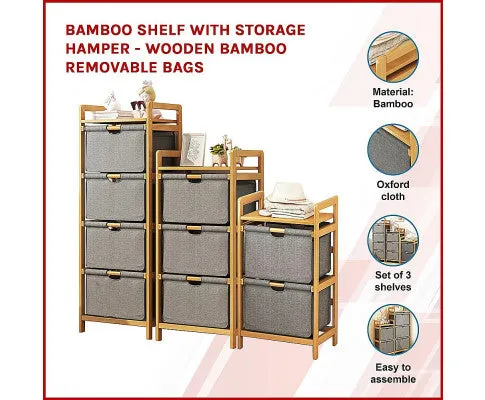 Bamboo Shelf with Storage Hamper - Wooden Bamboo Removable Bags