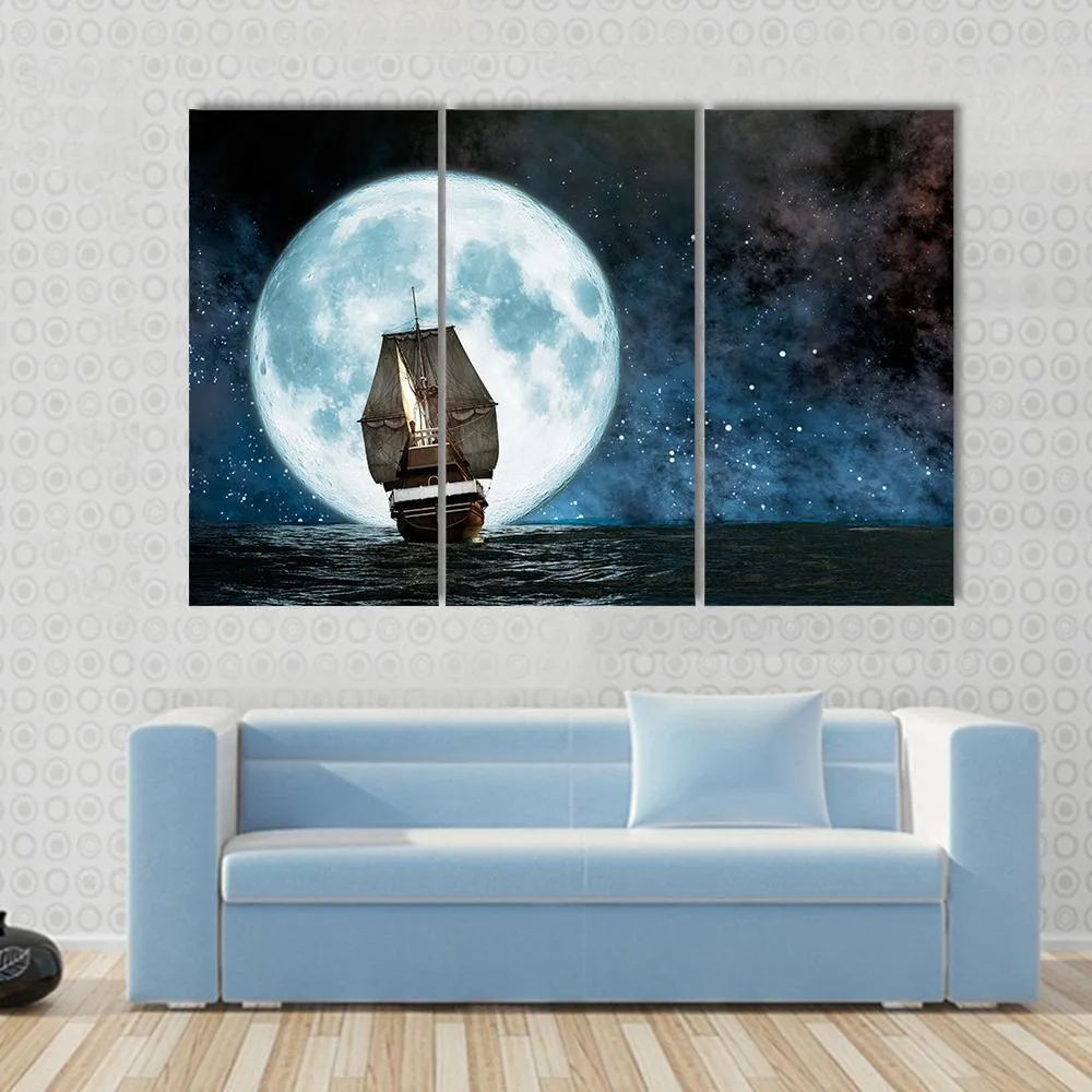 Boat In Full Moon Night Canvas Wall Art