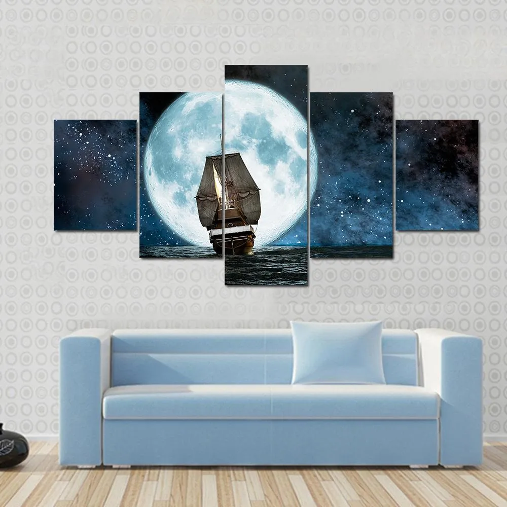 Boat In Full Moon Night Canvas Wall Art