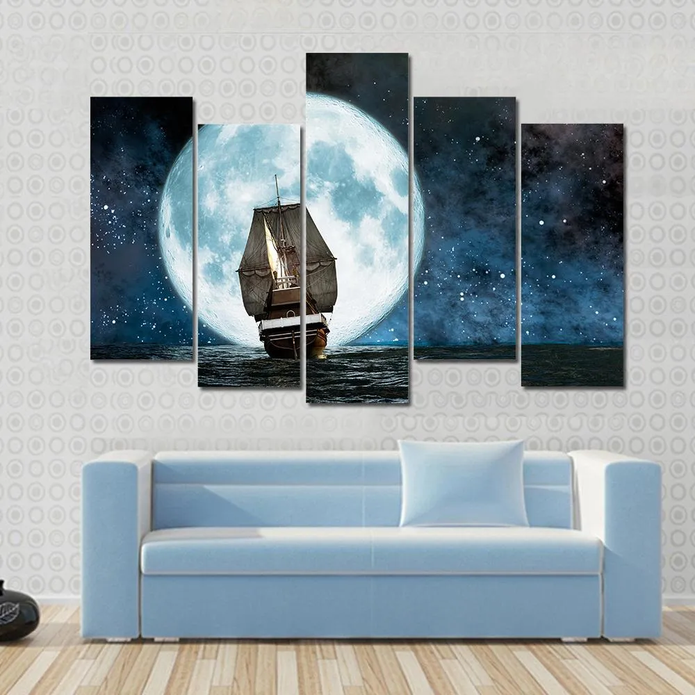 Boat In Full Moon Night Canvas Wall Art