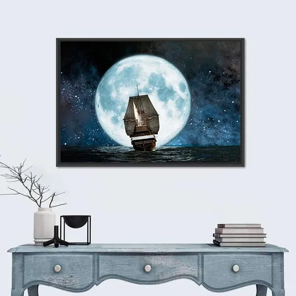 Boat In Full Moon Night Canvas Wall Art