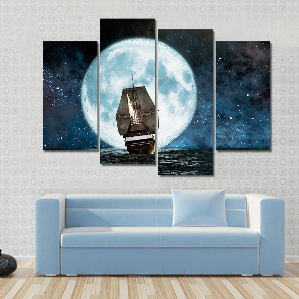 Boat In Full Moon Night Canvas Wall Art