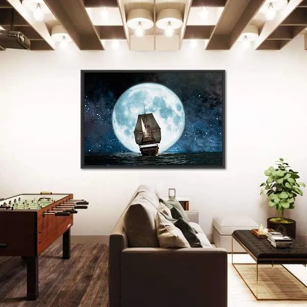 Boat In Full Moon Night Canvas Wall Art