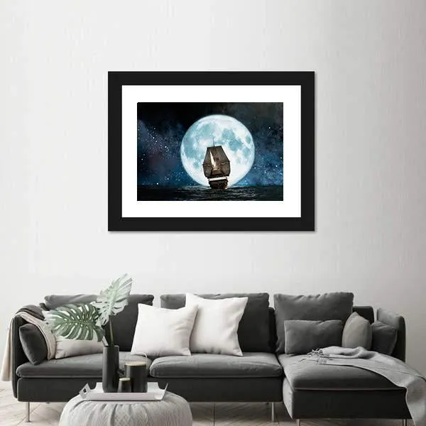 Boat In Full Moon Night Canvas Wall Art