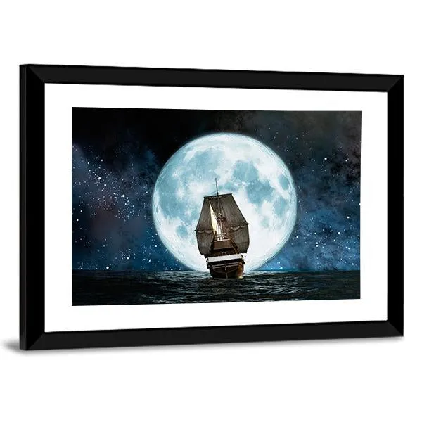 Boat In Full Moon Night Canvas Wall Art