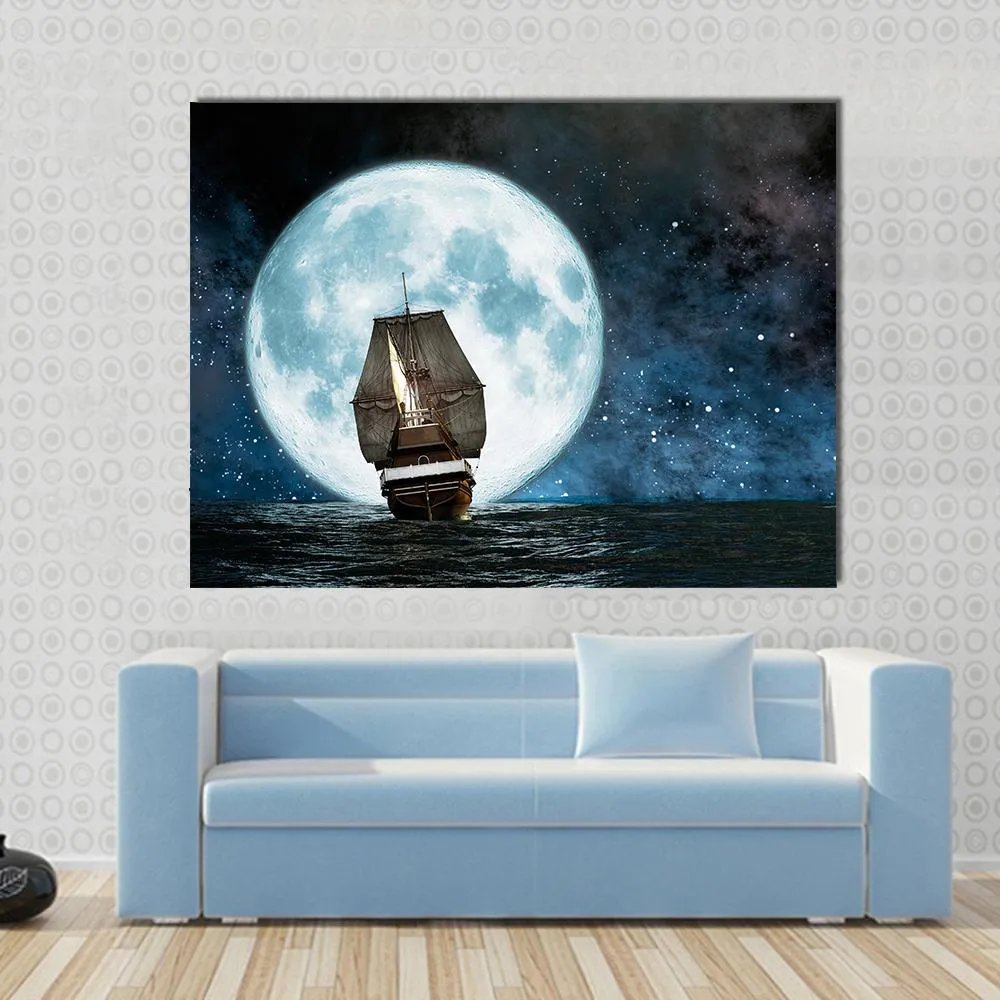 Boat In Full Moon Night Canvas Wall Art