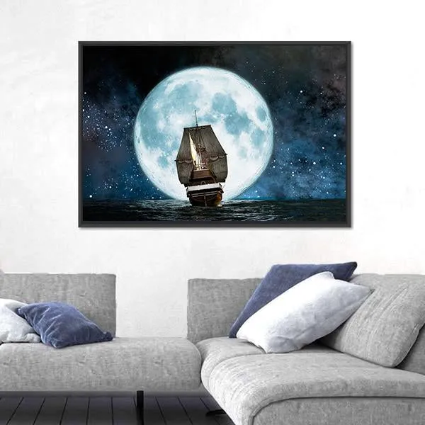 Boat In Full Moon Night Canvas Wall Art