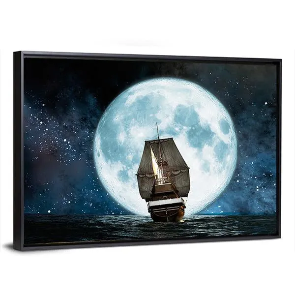 Boat In Full Moon Night Canvas Wall Art