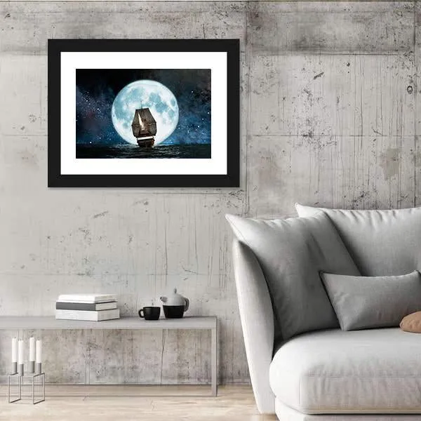 Boat In Full Moon Night Canvas Wall Art