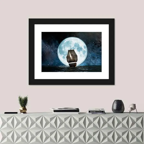 Boat In Full Moon Night Canvas Wall Art