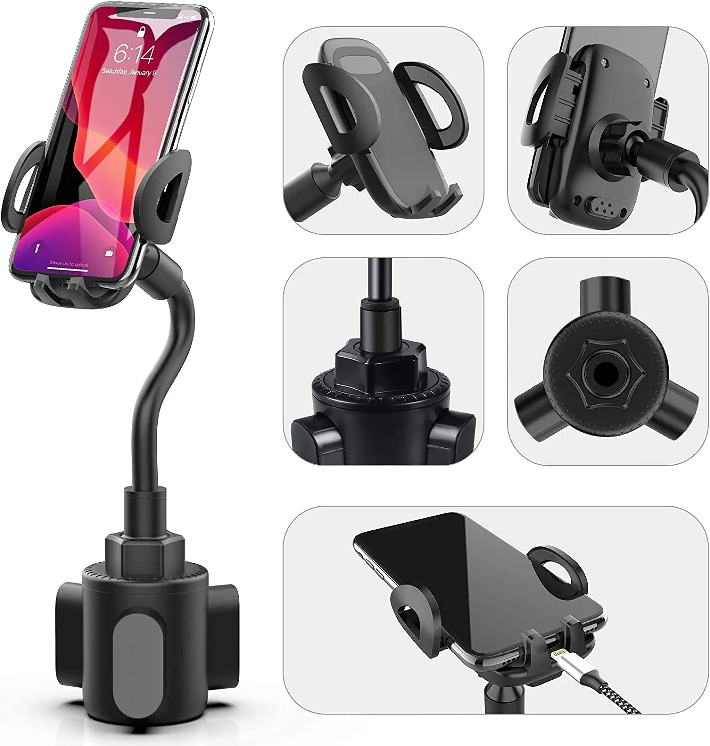 Bokilino Cup Car Phone Holder for Car, Car Cup Holder Phone Mount, Universal Adjustable Gooseneck Cup Holder Cradle Car Mount for Cell Phone Iphone,Samsung,Huawei,Lg, Sony, Nokia (Black)