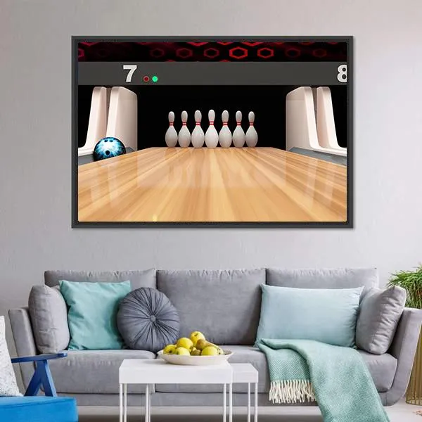 Bowling Pins On Wooden Lane Canvas Wall Art