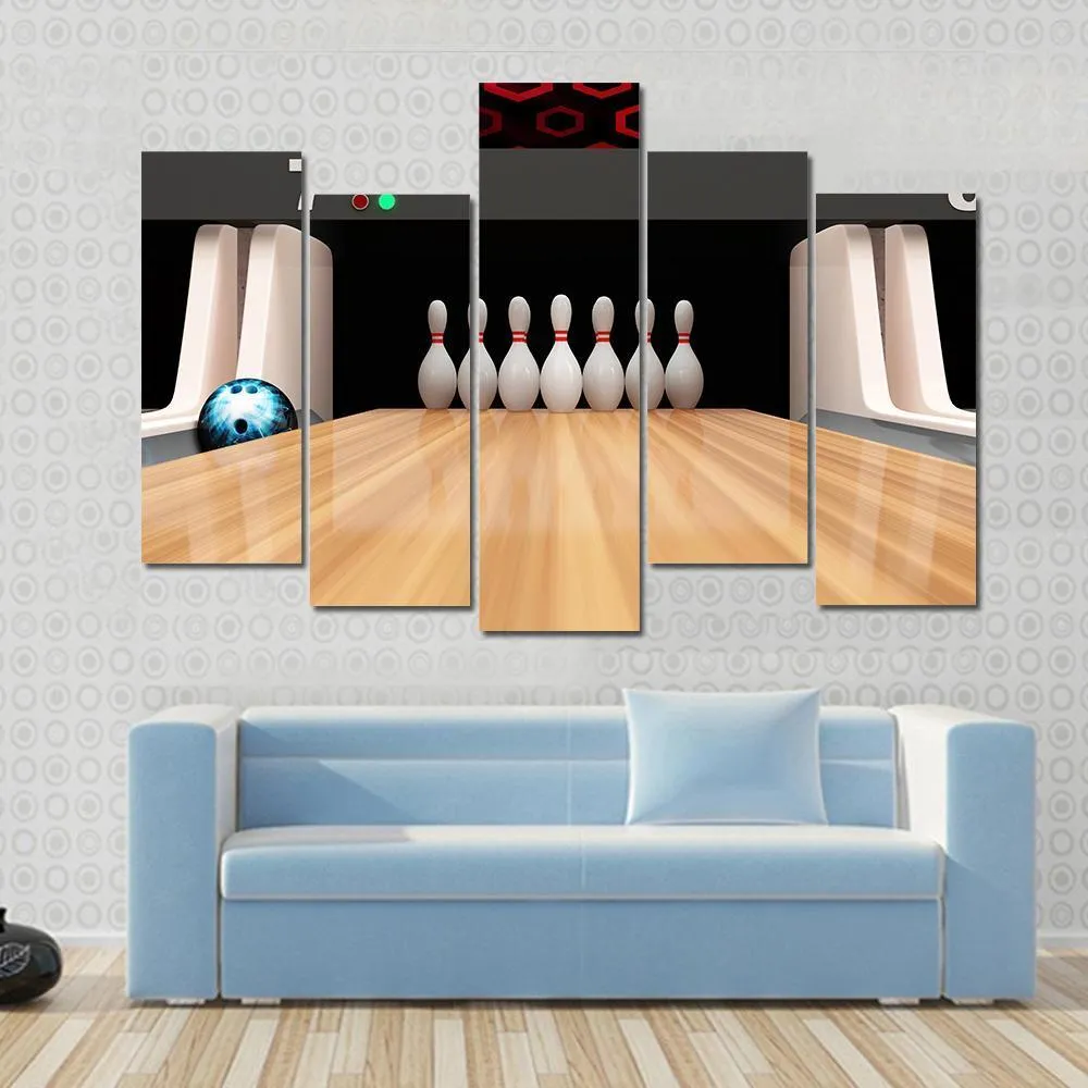 Bowling Pins On Wooden Lane Canvas Wall Art