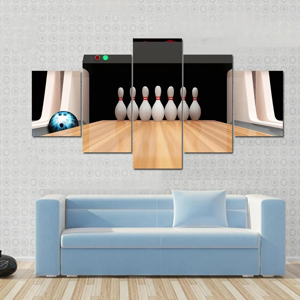 Bowling Pins On Wooden Lane Canvas Wall Art