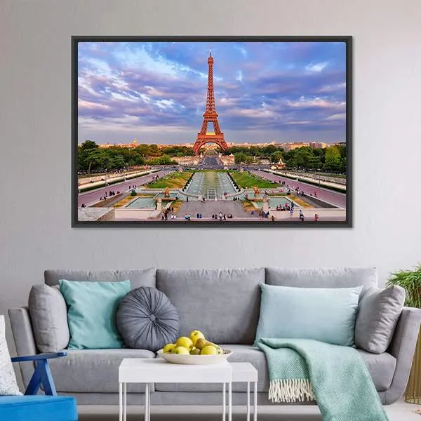 Eiffel Tower At Cloudy Sunset Canvas Wall Art