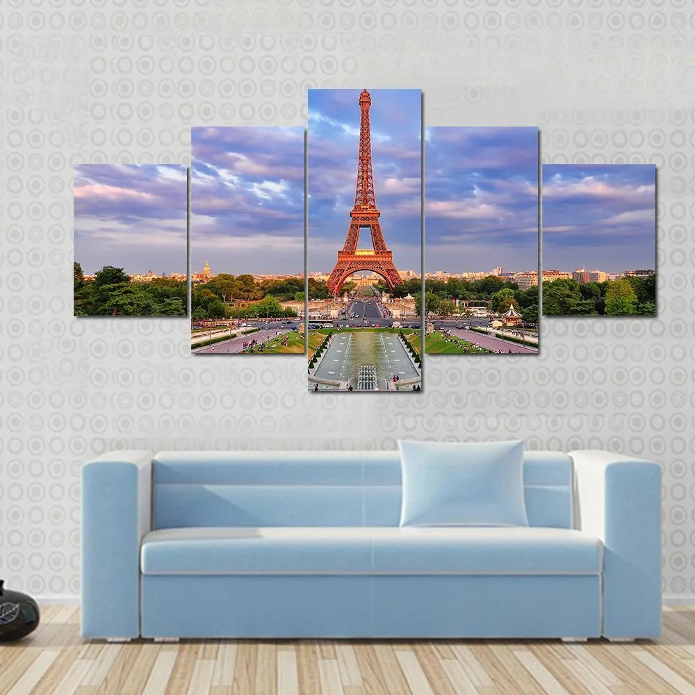 Eiffel Tower At Cloudy Sunset Canvas Wall Art