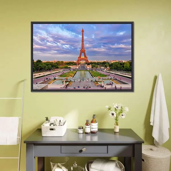 Eiffel Tower At Cloudy Sunset Canvas Wall Art