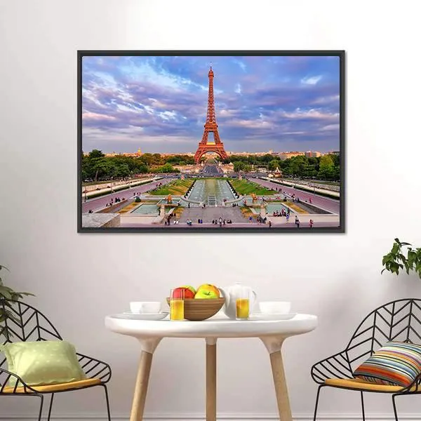 Eiffel Tower At Cloudy Sunset Canvas Wall Art