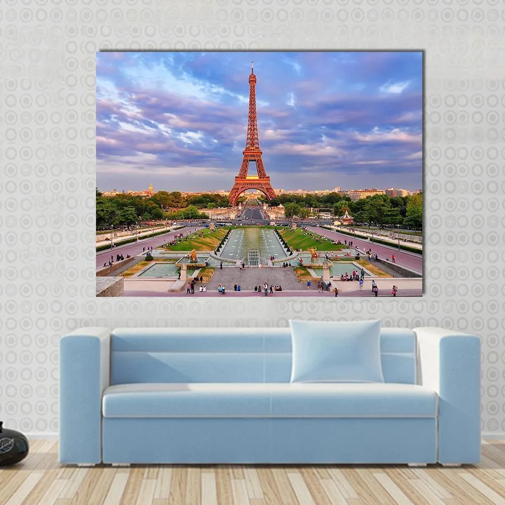 Eiffel Tower At Cloudy Sunset Canvas Wall Art