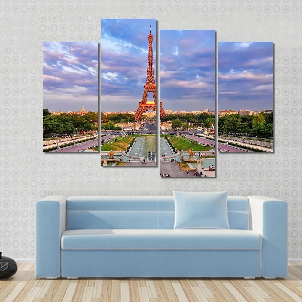 Eiffel Tower At Cloudy Sunset Canvas Wall Art