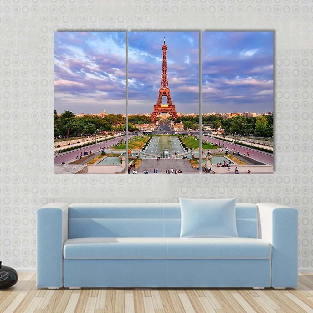 Eiffel Tower At Cloudy Sunset Canvas Wall Art