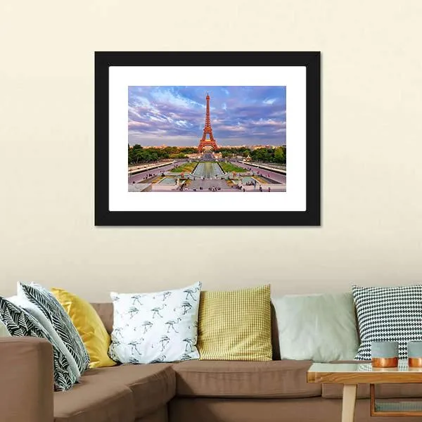 Eiffel Tower At Cloudy Sunset Canvas Wall Art