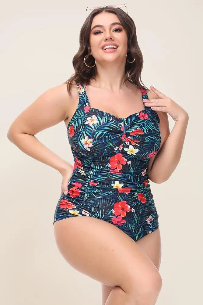 Floral Padded Bathing Suit Ruched Knotted Bodice One Piece Swimsuit