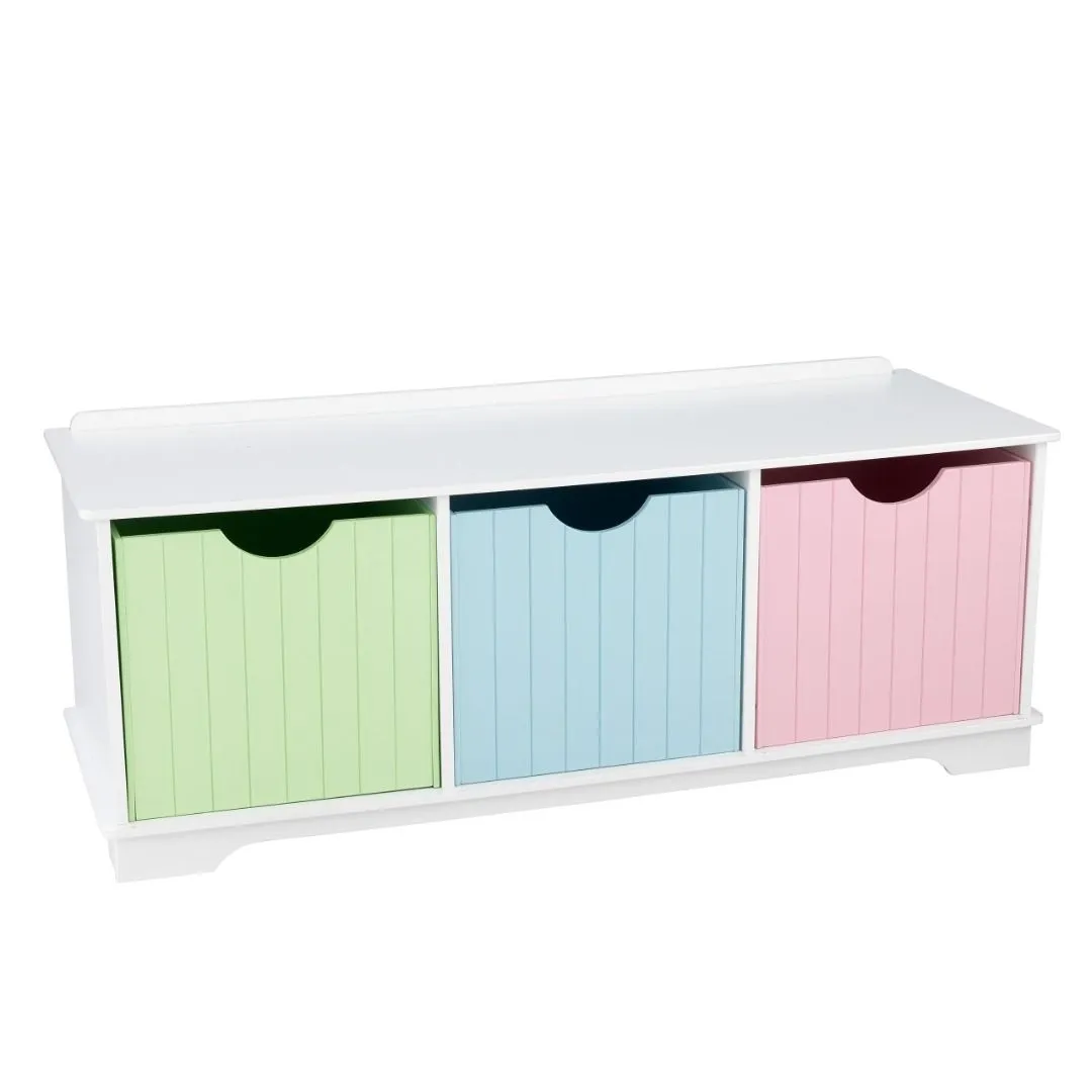 KidKraft Nantucket Wooden Storage Bench with Three Bins and Wainscoting Detail - Pastel, Gift for Ages 3 