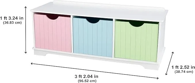 KidKraft Nantucket Wooden Storage Bench with Three Bins and Wainscoting Detail - Pastel, Gift for Ages 3 