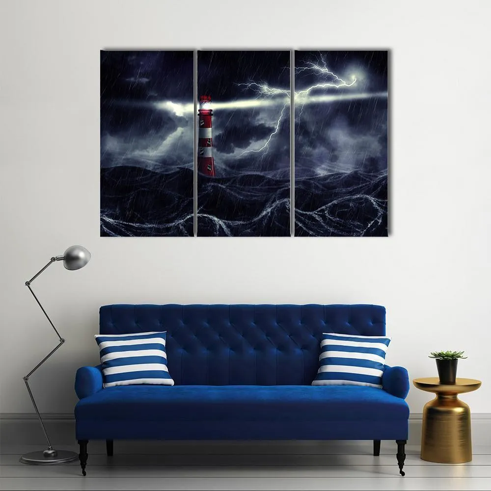 Lighthouse In Stormy Sea Canvas Wall Art