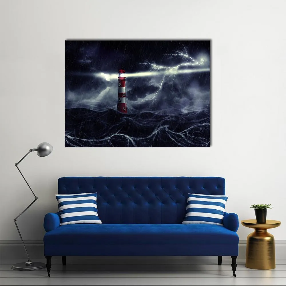 Lighthouse In Stormy Sea Canvas Wall Art