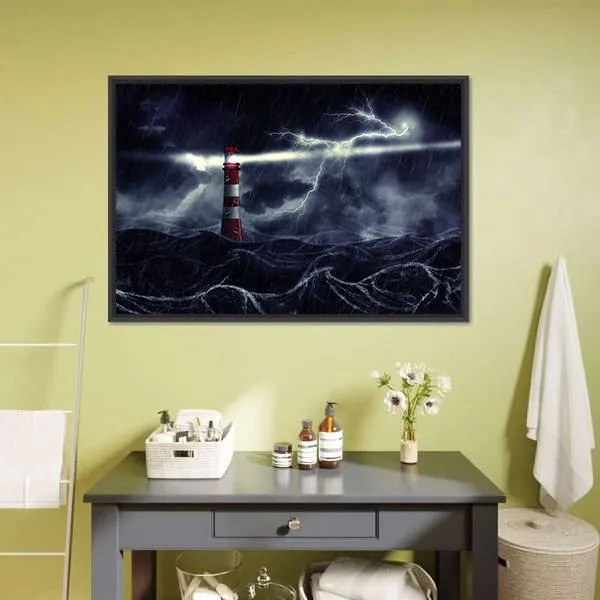 Lighthouse In Stormy Sea Canvas Wall Art