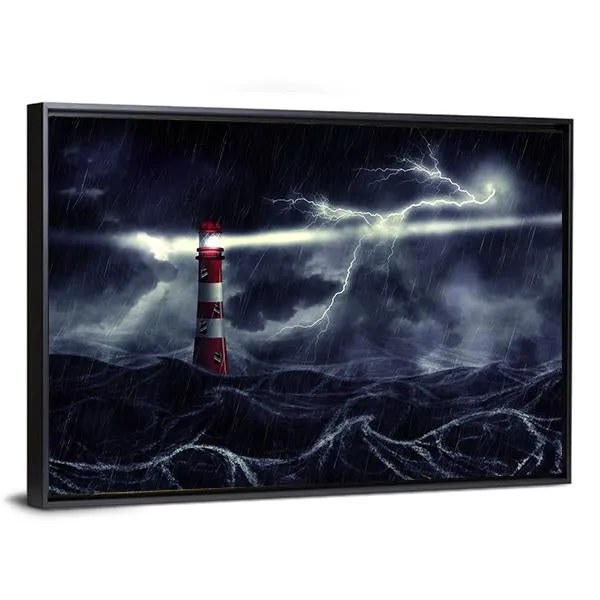 Lighthouse In Stormy Sea Canvas Wall Art