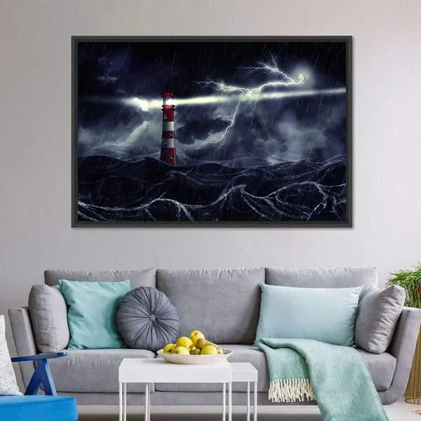 Lighthouse In Stormy Sea Canvas Wall Art