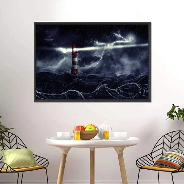 Lighthouse In Stormy Sea Canvas Wall Art