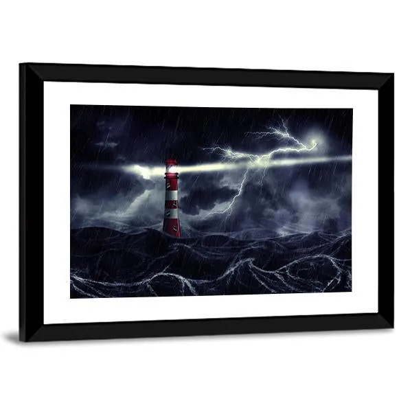 Lighthouse In Stormy Sea Canvas Wall Art