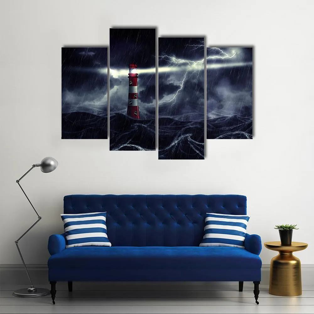 Lighthouse In Stormy Sea Canvas Wall Art