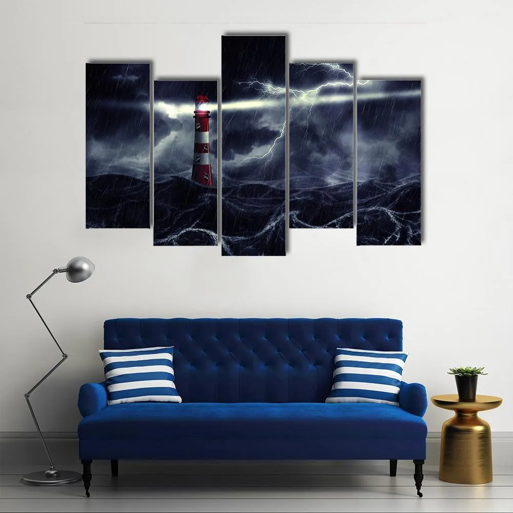 Lighthouse In Stormy Sea Canvas Wall Art