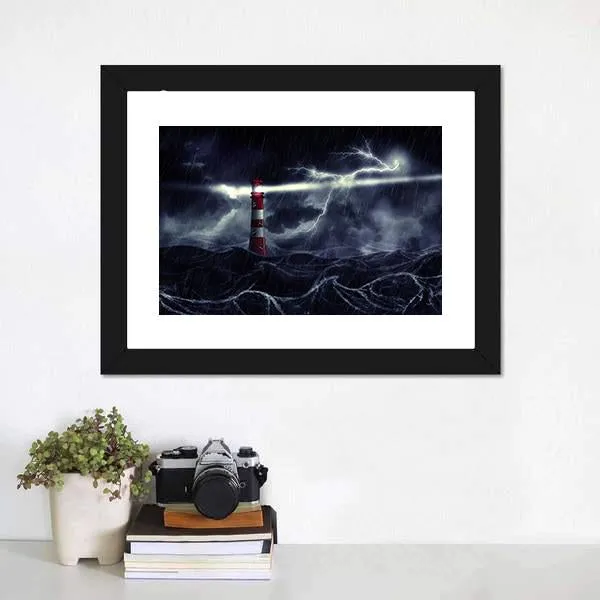 Lighthouse In Stormy Sea Canvas Wall Art